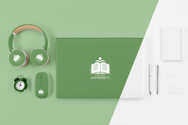 Top View Of Back To School Laptop With Mouse And Headphones Psd