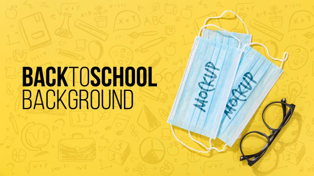 Top View Of Back To School Medical Masks And Glasses Psd