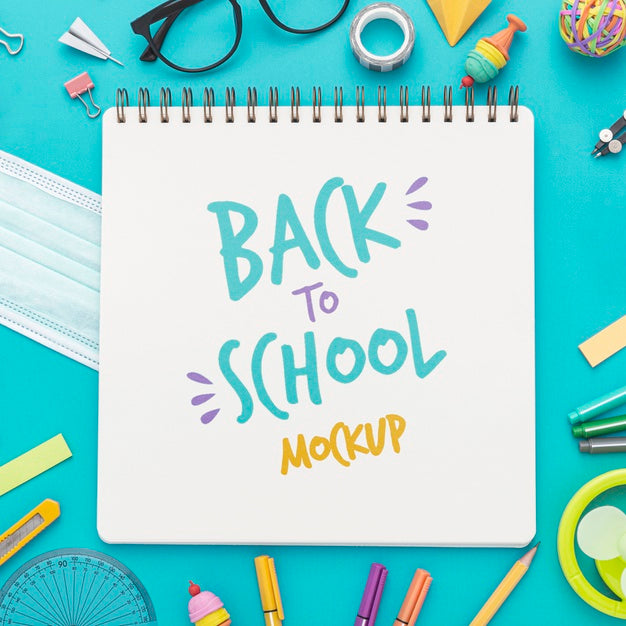 Top View Of Back To School Notebook With Glasses And Pencils Psd