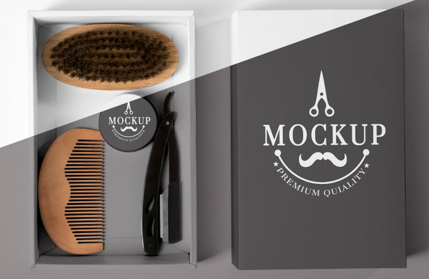 Top View Of Barbershop Products Box With Comb And Razor Psd