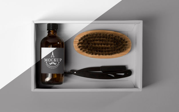 Top View Of Barbershop Products Box With Razor And Comb Psd