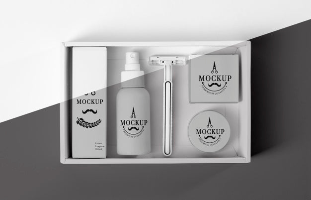 Top View Of Barbershop Products Box With Razor Psd