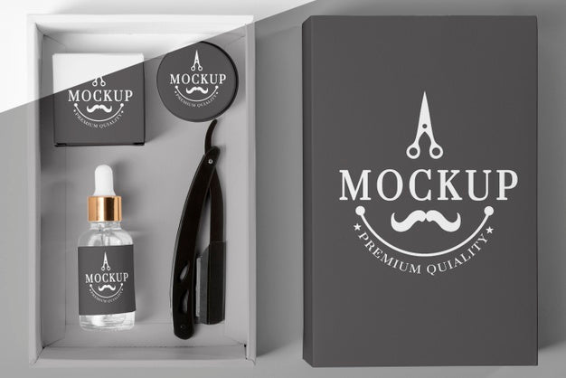 Top View Of Barbershop Products Box With Serum And Razor Psd