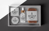 Top View Of Barbershop Products Box With Serum And Soap Psd
