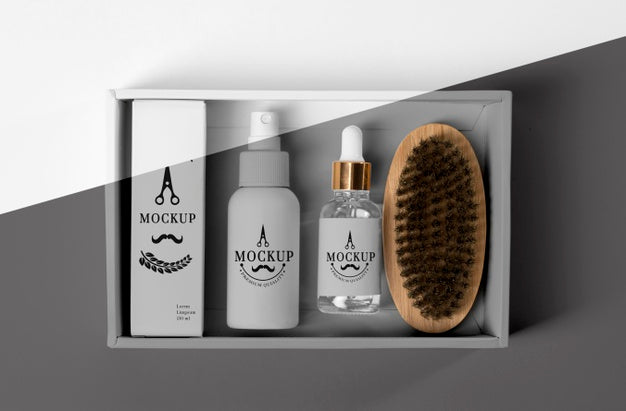 Top View Of Barbershop Products Box With Serum Psd