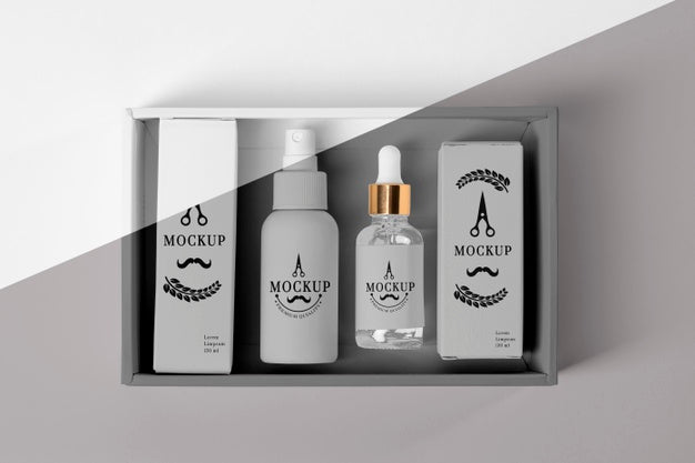 Top View Of Barbershop Products Box With Serums Psd