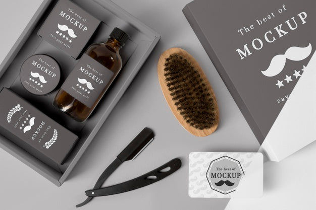 Top View Of Barbershop Products Box With Shampoo And Brush Psd