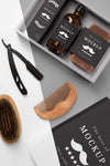 Top View Of Barbershop Products Box With Shampoo And Comb Psd