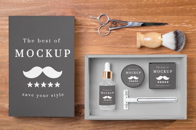 Top View Of Beard Care Products In Set With Scissors Psd