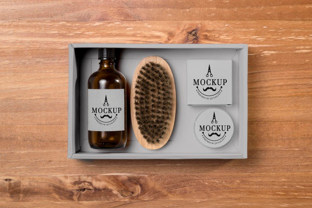 Top View Of Beard Care Products With Balm And Brush Psd