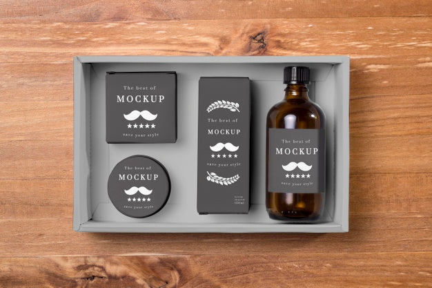 Top View Of Beard Care Products With Serum Psd