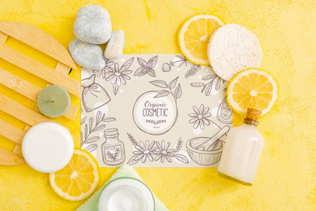 Top View Of Beauty Cosmetics With Citrus Psd