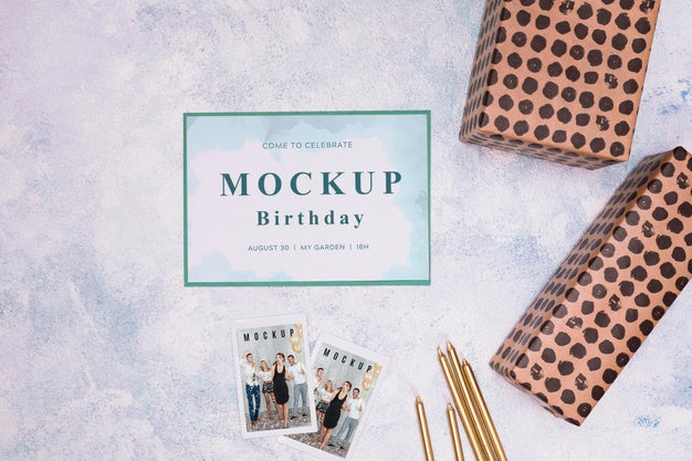 Top View Of Birthday Card Mock-Up With Presents Psd