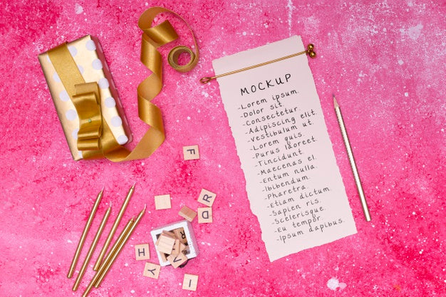 Top View Of Birthday Gift With Card And Ribbon Psd