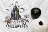 Top View Of Black And White Pumpkins With Haunted House Psd