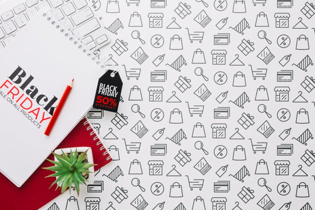 Top View Of Black Friday Concept With Notebook Psd