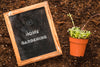 Top View Of Blackboard On Soil With Plant In Pot Psd