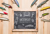Top View Of Blackboard With Fish Bait And Frame Psd