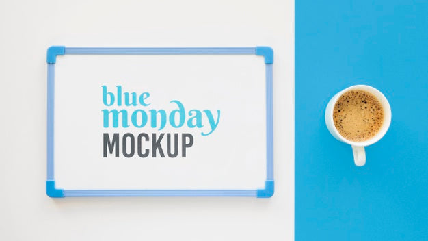 Top View Of Blue Monday Whiteboard With Coffee Cup Psd