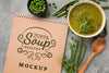 Top View Of Bowl Of Soup With Notebook Psd