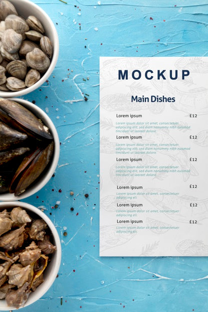 Top View Of Bowls With Different Seafood And Menu Psd