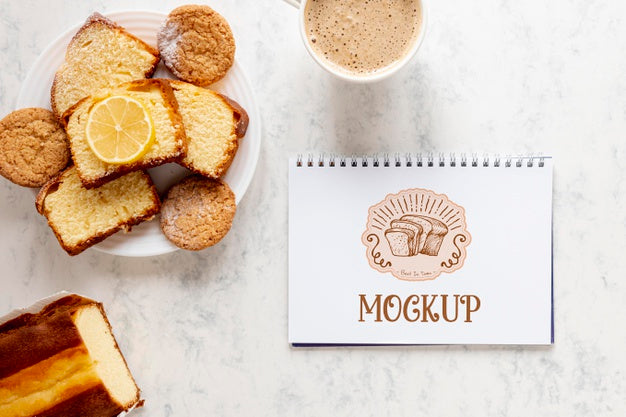 Top View Of Bread With Notebook And Coffee Psd