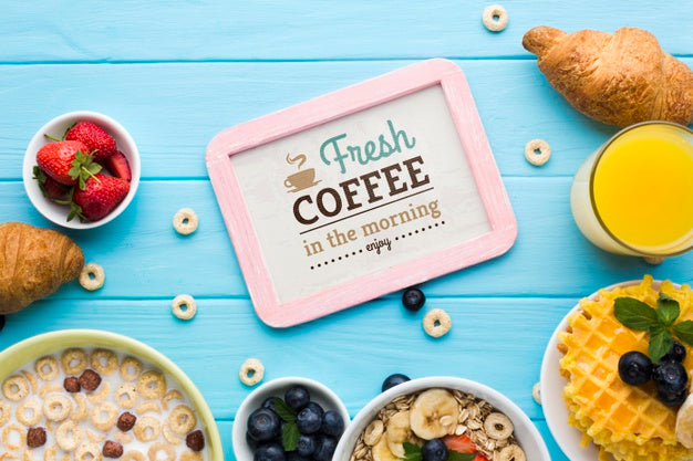 Top View Of Breakfast Food With Cereals And Waffles Psd