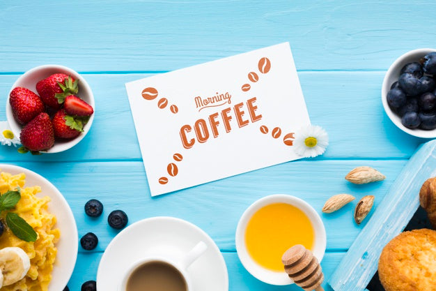 Top View Of Breakfast Food With Fruit And Waffles Psd