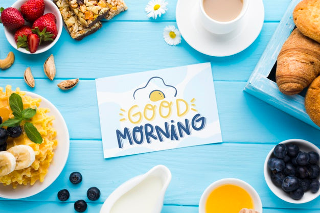 Top View Of Breakfast Food With Waffles And Croissants Psd