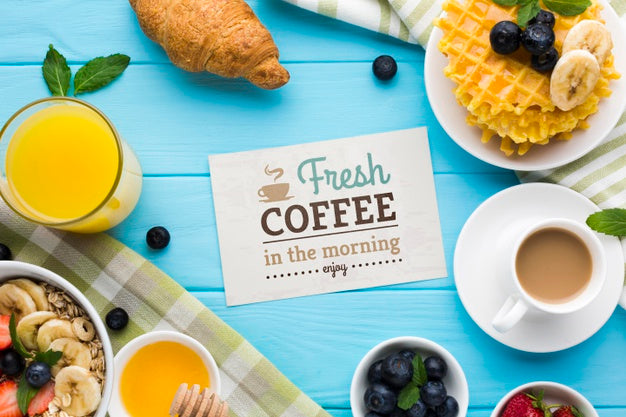 Top View Of Breakfast Food With Waffles And Orange Juice Psd