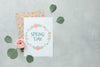 Top View Of Card With Leaves And Spring Rose Psd