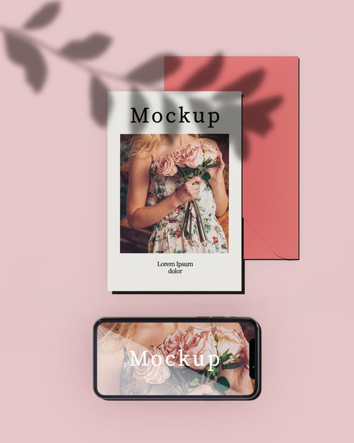 Top View Of Card With Smartphone And Photo Psd