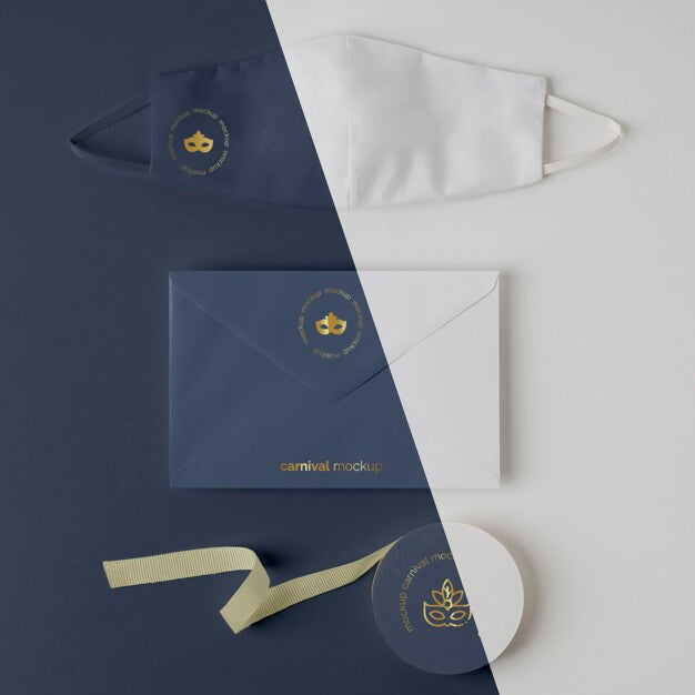 Top View Of Carnival Invitation In Envelope With Face Mask And Tape Psd