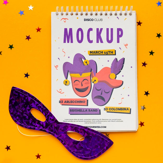 Top View Of Carnival Masks And Notebook Psd