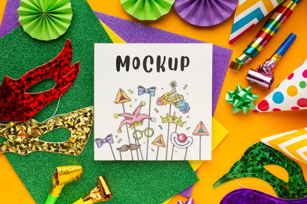 Top View Of Carnival Masks With Party Essentials Mock-Up Psd