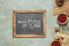 Top View Of Chalkboard And Zero Waste Wooden Items Psd
