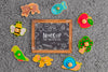 Top View Of Children Toys With Chalkboard Psd