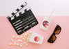 Top View Of Cinema Clapperboard With Soda Cup And Clapperboard Psd