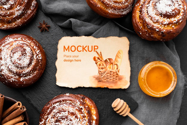 Top View Of Cinnamon Buns With Honey Psd