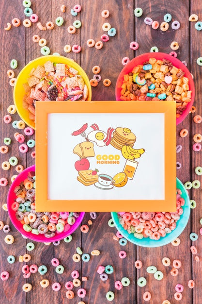 Top View Of Colorful Ceareals With Frame Mockup On Wooden Table Psd