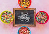 Top View Of Colorful Cereals And Chalkboard On Plain Background Psd
