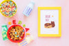 Top View Of Colorful Cereals And Frame On Plain Background Psd