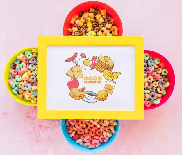 Top View Of Colorful Cereals And Frame On Plain Background Psd
