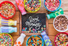 Top View Of Colorful Cereals On Wooden Table Psd