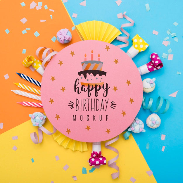 Top View Of  Confetti And Candles For Birthday Anniversary Psd