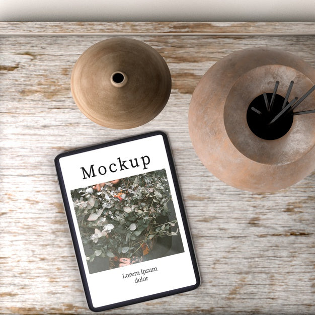 Top View Of Decorative Vases On Wooden Tray Psd