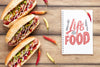 Top View Of Delicious Hot Dog Mock-Up On Wooden Backgoround Psd