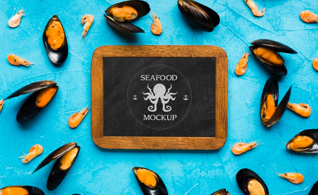 Top View Of Delicious Mussels Concept Psd