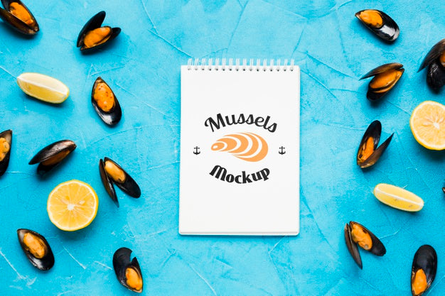 Top View Of Delicious Mussels Concept Psd