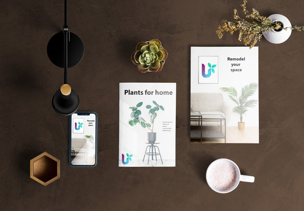 Top View Of Desk Scene Creator With Plant Elements Psd